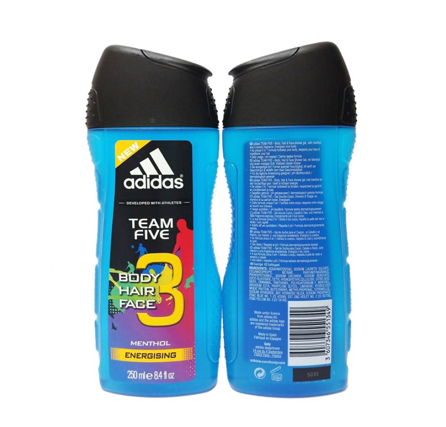 Adidas Shower Gel 250ml men, 3in1 Hair & Body & Face Team Five Menthol