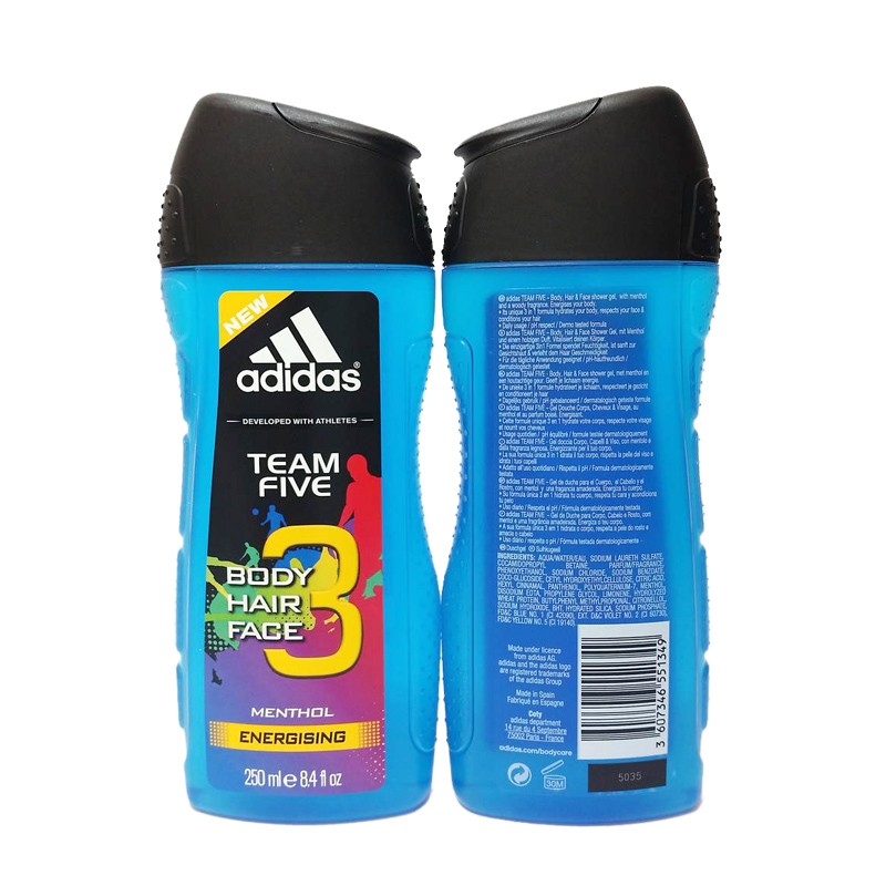Adidas Shower Gel 250ml men, 3in1 Hair & Body & Face Team Five Menthol